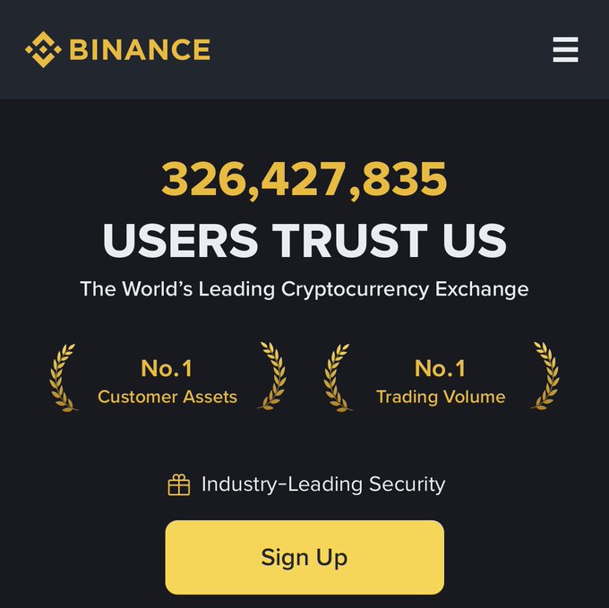 A Binance advertisement claiming 326,427,835 users trust them, highlighting their position as the world's leading cryptocurrency exchange with No.1 customer assets and trading volume.