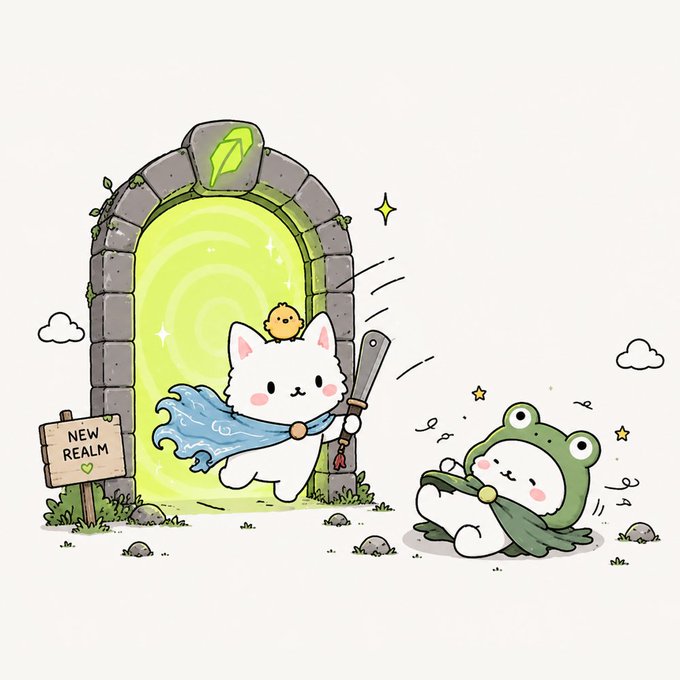 A cute white cat adventurer with a sword, cape, and a small chick on its head emerges through a glowing green portal labeled "NEW REALM," while a frog-costumed character tumbles out beside it. The whimsical scene illustrates the post's announcement of "THE MINT IS LIVE" — symbolizing the opening of a new realm with 4,444 Rangers on OpenSea, with characters crossing the threshold into a fresh chapter.