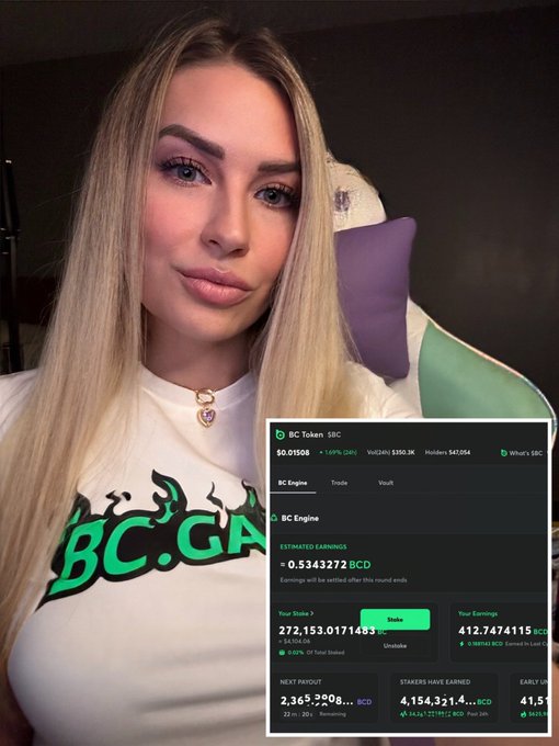 A blonde woman in a 'BC.GAME' t-shirt sits in a gaming chair, with a digital overlay showing the BC Token ($BC) market at $0.01558 and a BC Engine interface displaying staking earnings.