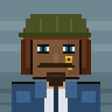A pixel art portrait of a character with dark skin, blue eyes, a green hat, a beard, and a blue jacket.