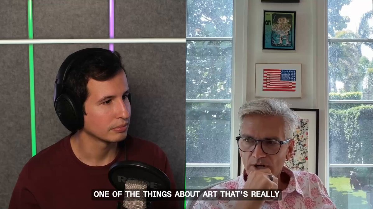 The image shows a man wearing headphones, possibly listening to a podcast or recording session, with another person sitting next to him at a desk. The background features a window overlooking trees outside. There are two posts displayed in the image - one that reads "One of the things about art that's really" and another post titled "New episode of Billions with @Pedromiranda: From Sotheby's to Solana with @tadtweets The CEO of @CandyDigital shares insights from his eclectic career and deep expertise in art and collectibles".
