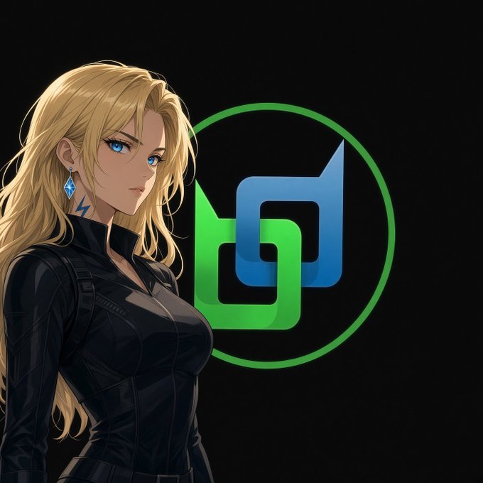 An anime-style illustration of a blonde woman with blue eyes wearing a black bodysuit, standing next to a green and blue intertwined logo on a black background.