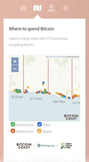 A 'Bitcoin Coast' map interface titled 'Where to spend Bitcoin' showing 4 large zones with 177 businesses accepting Bitcoin, including categories for Experiences, Restaurants, Stays, and Stores along the El Zonte to La Libertad coast.