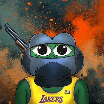 A cartoon illustration of a green-skinned character wearing a black tactical helmet, black face mask, and a yellow Lakers #23 jersey, with a shotgun visible over their shoulder against an orange splatter background.