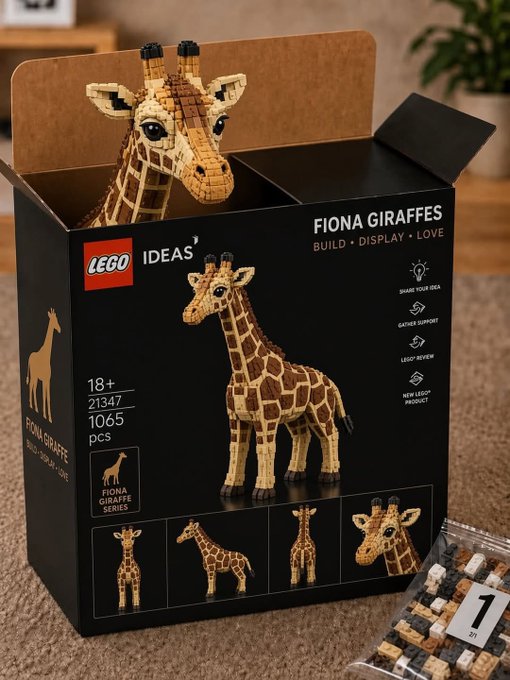 A LEGO Ideas set box for 'FIONA GIRAFFES' (21347, 1065 pcs, 18+) featuring a buildable giraffe with knobs, alongside bag 1 of the 571-piece kit.