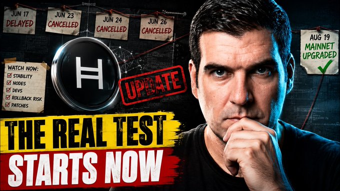 A man with a concerned expression appears alongside bulletin-board style notes showing "JUN 17 DELAYED," "JUN 23 CANCELLED," "JUN 24 CANCELLED," "JUN 26 CANCELLED," and "AUG 19 MAINNET UPGRADED," with the Hedera (H) logo and text reading "THE REAL TEST STARTS NOW." The image illustrates the post's point about HBAR's repeated upgrade delays and cancellations leading up to its eventual mainnet upgrade.