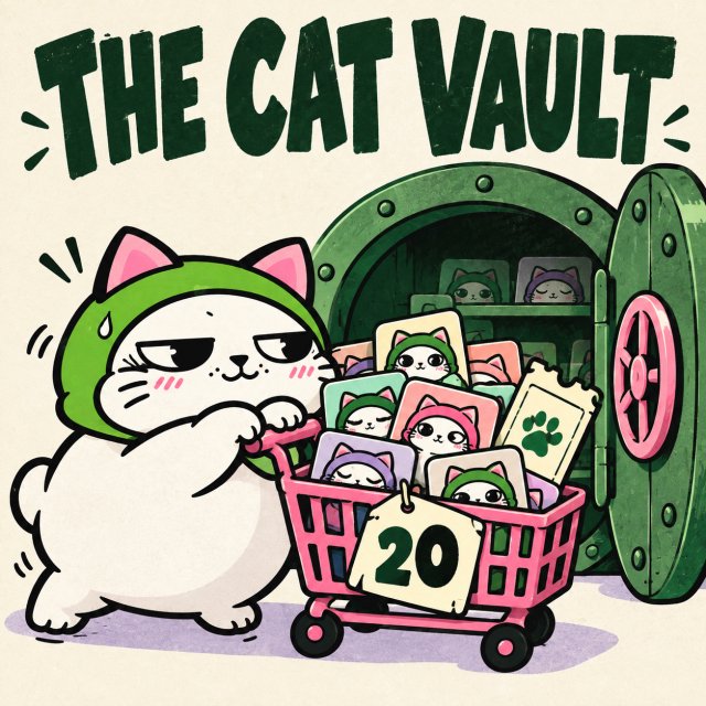 An illustration titled 'THE CAT VAULT' showing a cartoon white cat in a green hood pushing a pink shopping cart filled with cards featuring different cat designs, with a calendar page showing '20' attached.