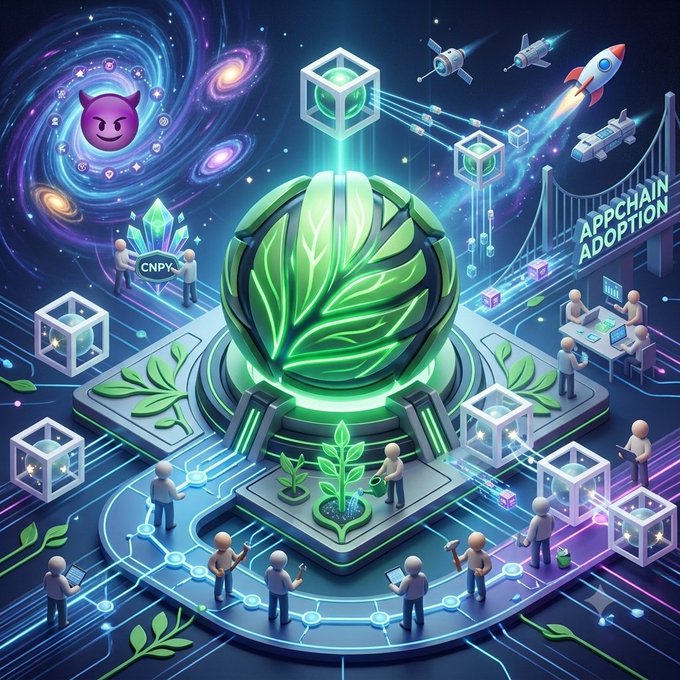 A futuristic digital illustration shows a glowing green leaf-themed sphere at the center of a high-tech platform, surrounded by figures engaging with blockchain technology and appchain development, with "CNPY" and "APPCHAIN ADOPTION" visible in the scene—visually representing the CNPY Network testnet ecosystem being explored through the Nucleus campaign.