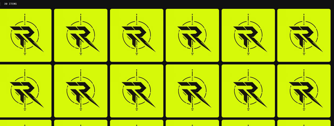 A grid of bright yellow tiles, arranged in rows, each displaying a black logo featuring a stylized letter "R" enclosed within a circular target or crosshair design. Small text appears in the top-left corner reading "36 21946".