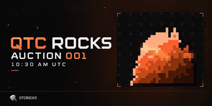 A promotional banner for 'QTC ROCKS AUCTION 001' scheduled at 10:30 AM UTC, featuring a pixelated orange Bitcoin-like graphic with the @QTCRocks Twitter handle.