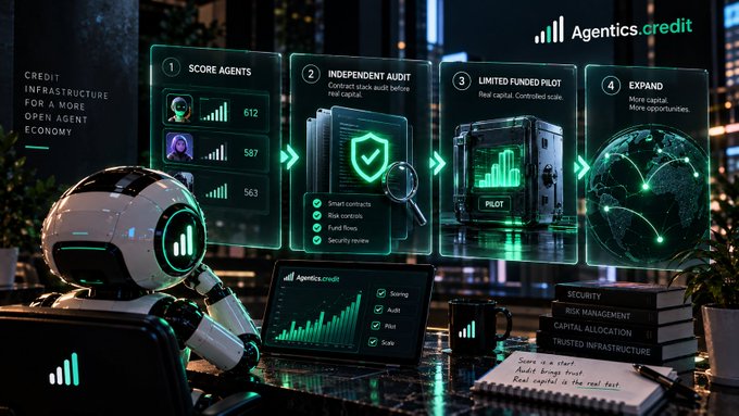 A digital illustration showing a white and black robot looking at a holographic display of financial information, with the text 'Agentics.credit' and labels like 'SCORE AGENTS', 'INDEPENDENT AUDIT', 'LIMITED FUNDED PILOT', and 'EXPAND'.