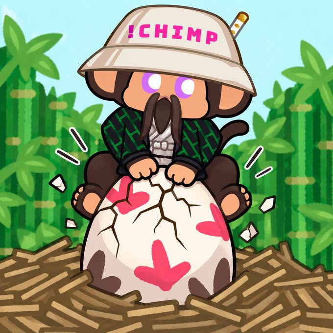 An anime/cartoon illustration of a chibi character wearing a bucket hat labeled 'CHIMP' riding atop a large spotted dinosaur egg hatching from a bamboo nest, set in a bamboo forest.