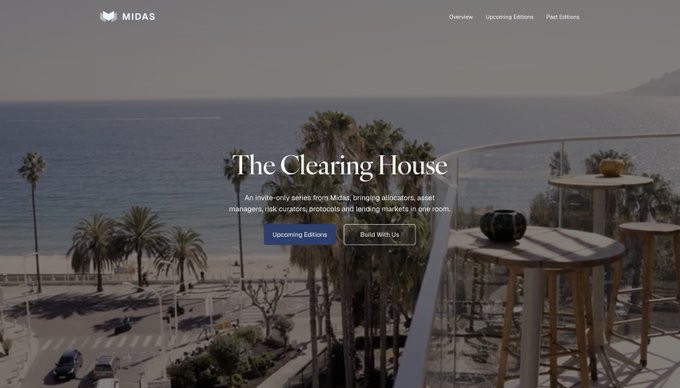 The website screenshot displays "MIDAS" branding at the top with the headline "The Clearing House" alongside descriptive text about an invite-only series bringing together "Midas" founders, asset managers, risk curators, and protocol teams, with two call-to-action buttons for "Upcoming Editions" and "Build With Us." The background shows a scenic coastal view of Cannes with palm trees, the Mediterranean Sea, and a road—visually connecting to the post's note that "The Clearing House began in Cannes."