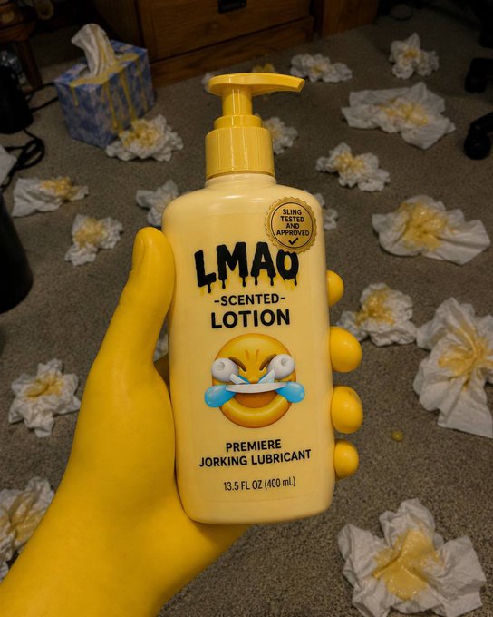 The image features a hand holding up a yellow bottle of lotion with an emojis face on it. The text "gLmao, perfect start to my morning" is written above the bottle. This suggests that the person holding the lotion might be using it as part of their daily routine or preparing for bedtime.