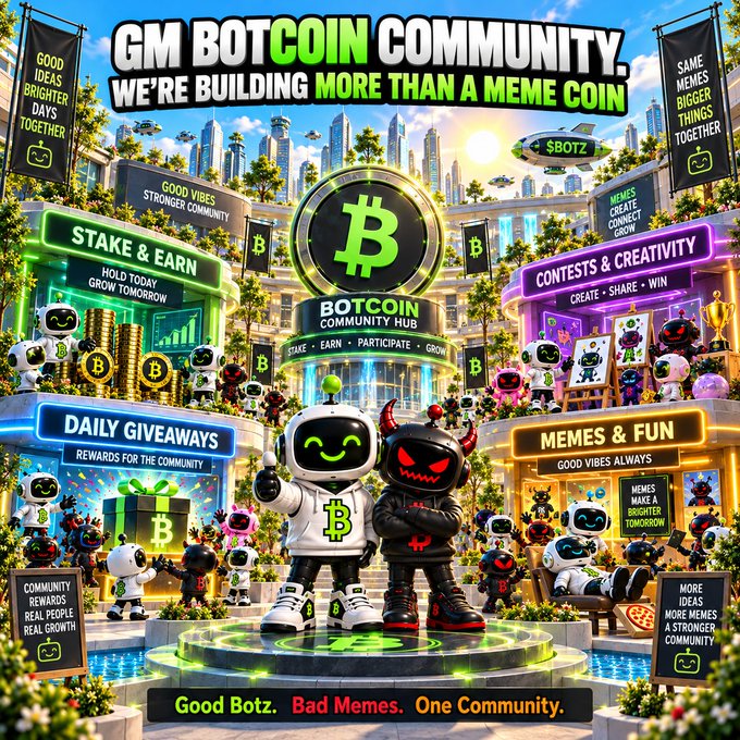 A promotional graphic for "GM BOTCOIN COMMUNITY" featuring robot mascots around a Bitcoin logo, with text including "Good Botz. Bad Memes. One Community." and "$BOTZ".