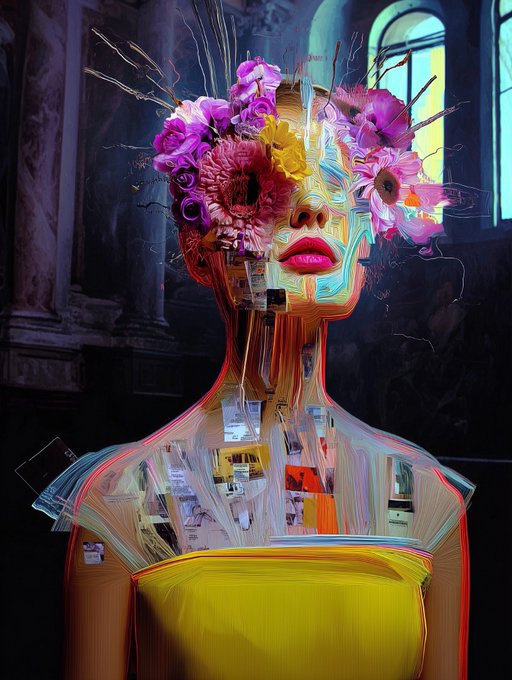 A vibrant, surreal digital artwork featuring a woman's face and neck composed of flowing, multicolored liquid-like strands. Her eyes are obscured by a large bouquet of colorful flowers, set against a dark, gothic architectural background.