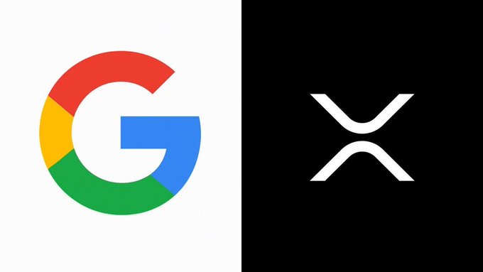 The image shows a side-by-side comparison of the Google "G" logo on the left and the white XRP cryptocurrency logo on a black background on the right. The caption relates to Google's search ranking identifying XRP as the top "Bridge Currency" globally.