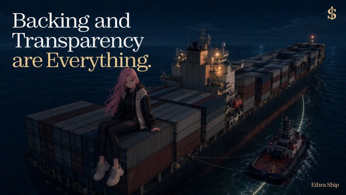 Anime-style artwork of a pink-haired girl sitting on a container ship at night, accompanied by the text 'Backing and Transparency are Everything.' and 'Ethra Ship' with a dollar sign logo.