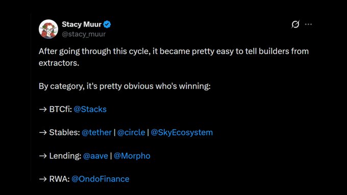 The image depicts a screenshot of an email conversation with a woman named Stacy Muur. She has written a response in a black text box, stating that after going through this cycle, it became much easier for her to tell builders from extractors. The discussion revolves around the Stacks ecosystem and its ecosystem contributors.