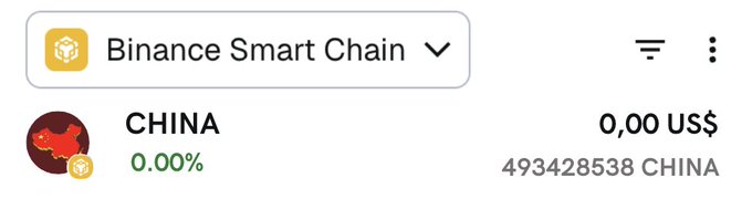 A screenshot of a Binance Smart Chain (BSC) crypto wallet holding 493,428,538 CHINA tokens valued at $0.00 USD, shown to illustrate participation in an airdrop giveaway requiring users to submit their BNB wallet address for up to 120,000 CHINA tokens.