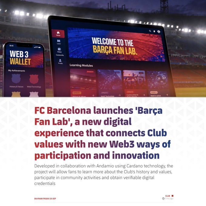 A press release graphic from FC Barcelona announcing 'Barça Fan Lab,' a Web3 digital experience, featuring images of a laptop and phone displaying the platform's interface with text 'WELCOME TO THE BARÇA FAN LAB' and 'WEB 3 WALLET'.