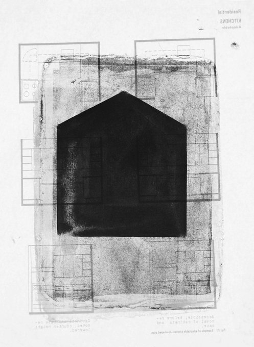 A black and white artistic image showing a dark, house-shaped silhouette overlaid on architectural blueprints, resembling an X-ray or conceptual drawing.