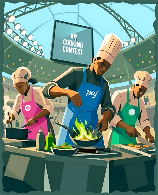 Three chefs compete in a "Cooking Contest" while wearing aprons labeled with "Pay" and "Orova," visually symbolizing the recent achievements of Paj Cash's recognition by Solana Payments and Orova's launch on the Solana Mobile dApp Store within the Nigerian Solana ecosystem.