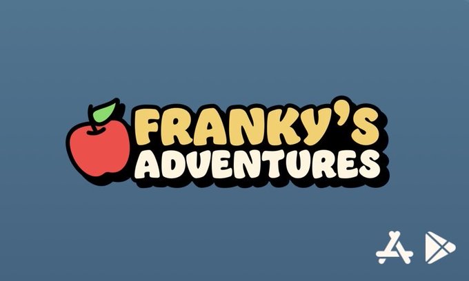 The title screen for 'Franky's Adventures', featuring a red apple logo on a blue background with App Store and Google Play icons in the bottom right.