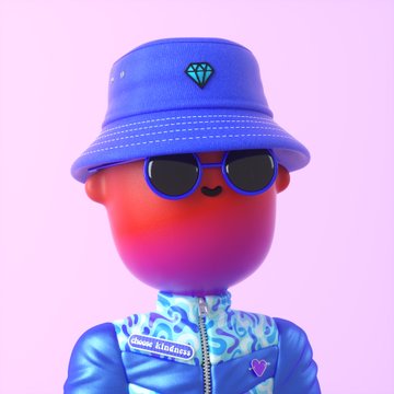A 3D-rendered cartoon character with a gradient orange and pink head, wearing a blue bucket hat with a diamond logo, sunglasses, and a blue patterned jacket with the text 'Good kid's' on the chest, set against a solid pink background.