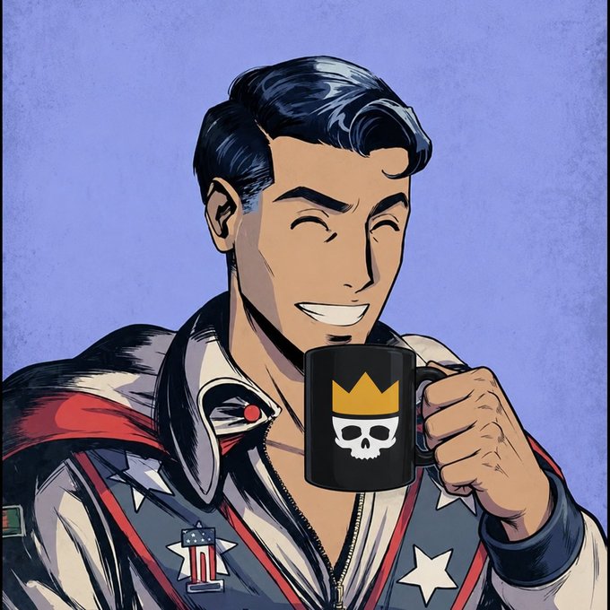 A pop-art style illustration of a smiling man with dark hair drinking from a black mug that features a white skull wearing a yellow crown.