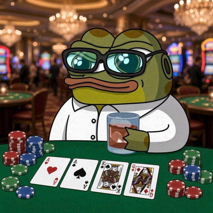 An animated illustration of a frog wearing glasses and a white shirt, holding a drink at a casino poker table with playing cards (Ace of Hearts, Ace of Spades, King, Queen) and stacks of colorful chips.