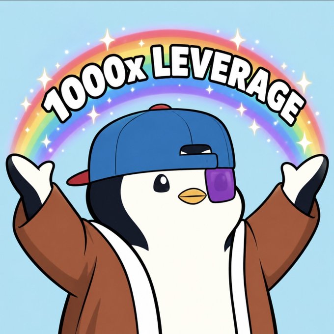 A cartoon penguin wearing a blue cap, brown jacket, and purple eye patch with arms raised under a rainbow, displaying the text '1000x LEVERAGE'.