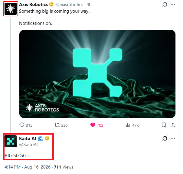 A Twitter/X post from 'Axis Robotics' (@axisrobotics) saying 'Something big is coming your way... Notifications on.' with an image of a glowing teal logo, alongside a reply from 'Kaito AI' (@KaitoAI) saying 'BIGGGGG'.