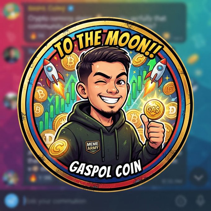 A cartoon illustration of a smiling man winking and holding a 'GAS' coin, set in a circular badge featuring rockets, Bitcoin symbols, and the text 'TO THE MOON!!!' and 'GASPOL COIN'.
