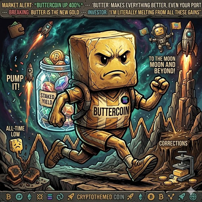 The image features a cartoon character, likely a robot or a doll, running through space with a backpack. The character appears to be angry or upset as they run past various objects such as a jar of butter, a rocket ship, and a stack of money. The background is filled with mountains and other elements that contribute to the overall atmosphere of the scene.

The image also contains text that reads "Market Alert: Butter is spreading fast! The community is growing, the energy is real, and we're just getting started." This message emphasizes the rapid spread of butter in the image and suggests a sense of excitement or anticipation for what might come next.