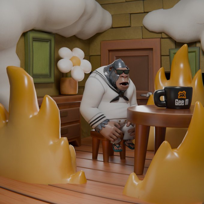 3D-rendered gorilla character in a sailor outfit sitting in a stylized room with a "Bee M" coffee mug on a wooden table, surrounded by flame-like objects.
