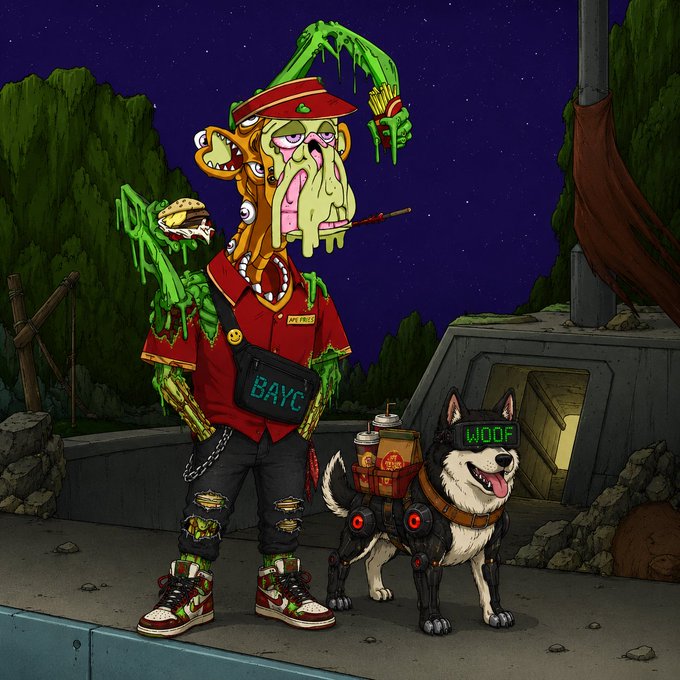 The image features a man dressed as a character from Bayc, with a dog standing next to him. The man has a red shirt and green pants, while the dog wears a black outfit that includes a helmet. They are both holding items such as a gun and a backpack. The scene is set against a dark background, which emphasizes their characters and adds an element of mystery to the image. This could be part of a post or artwork related to Bayc, where the man and his dog represent the character's abilities in combat and survival.