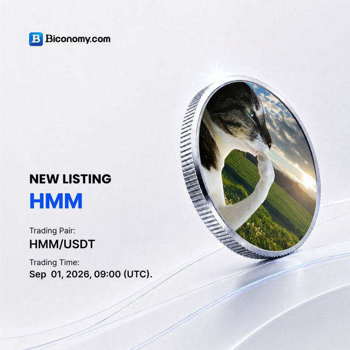 A sleek Biconomy.com promotional graphic announcing the new listing of $HMM (Thinking Cat) with the HMM/USDT trading pair launching Sep 01, 2026, at 09:00 UTC, featuring a silver coin displaying a cat in a sunset field.