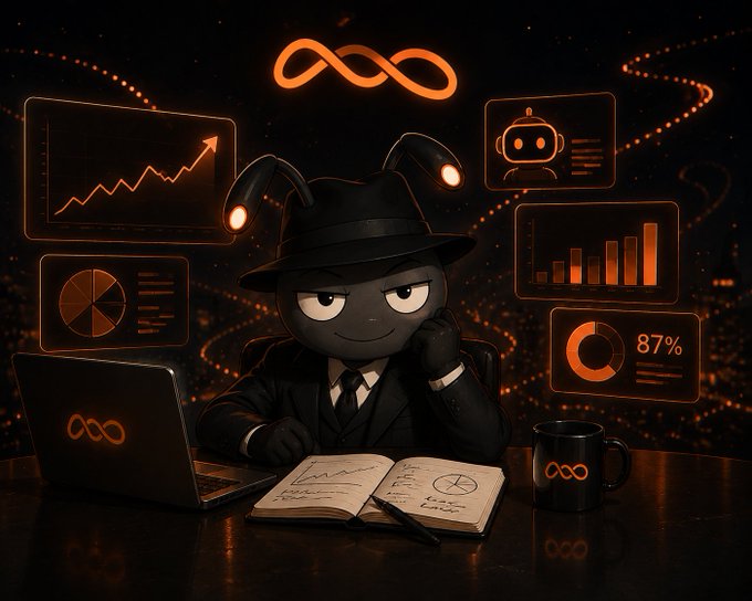 An illustration of a black cartoon character with bunny ears sitting at a desk with a laptop, notebook, and mug, surrounded by orange data charts.