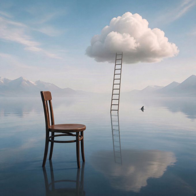 A surreal scene featuring a wooden chair on a calm reflective water surface, with a ladder extending up to a floating white cloud and distant mountains in the background.