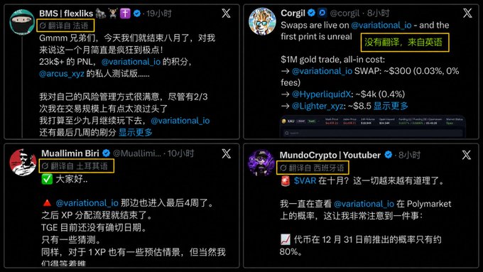 Four screenshots of X (Twitter) posts from accounts including 'BMS | flexlks', 'Corgil', 'Muallimin Biri', and 'MundoCrypto' discussing crypto topics like @variational_io, $VAR, and $XP, with translation options visible.