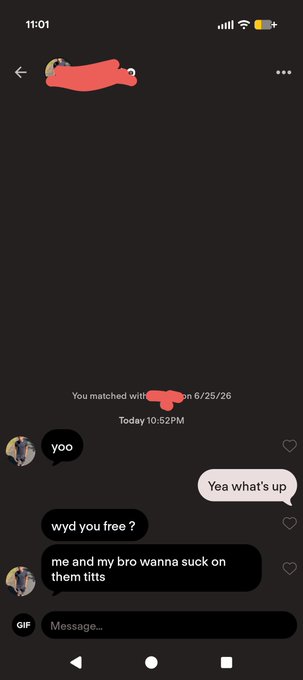 This image is a Tinder conversation where someone matched on 6/25/26 and immediately sent an inappropriate message. It has no relation to the post about Bitcoin trading around the 60k level.