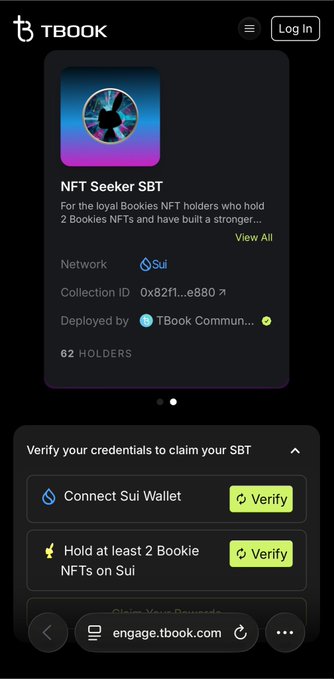A mobile screenshot of the TBOOK app showing an "NFT Seeker SBT" collection page on the Sui network, with credentials to verify including "Connect Sui Wallet" and "Hold at least 2 Bookie NFTs on Sui" at engage.tbook.com.