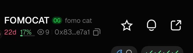 A dark-themed interface shows a token listing for "FOMOCAT" (fomo cat), displaying a 17% upward movement over 22 days with a view count of 9 and contract address 0x83d5e34442cb237fc568507ddfdba8633e7a1, matching the referenced Solana meme token contract from Robinhood.