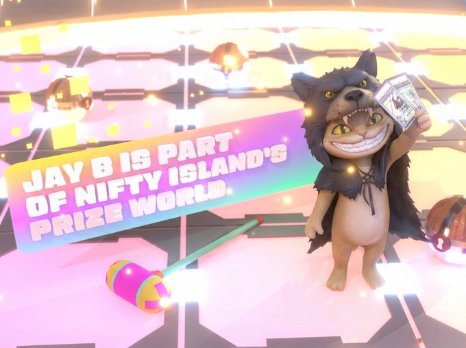Promotional graphic for 'Nifty Island' featuring a cartoon cat in a wolf hood holding a playing card, with text reading 'JAY B IS PART OF NIFTY ISLAND'S PRIZE WORLD.'