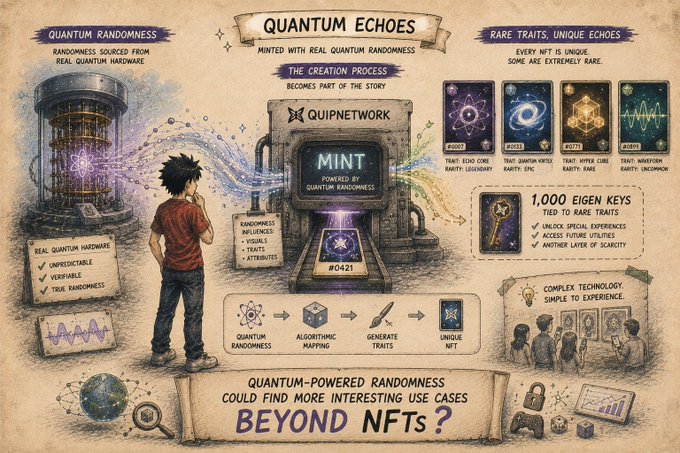 A detailed infographic titled 'QUANTUM ECHOES' by QUIPNETWORK explaining the minting process for quantum-powered randomness NFTs, featuring sections on quantum randomness, creation process, and rare traits.