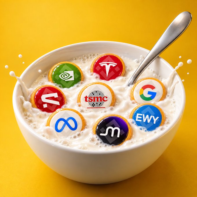 A white bowl filled with milk and cereal pieces featuring logos of various digital assets and companies—including Tesla, Google, NVIDIA, Meta, and text reading "EWY"—sits on a bright yellow background with a spoon inside, visually representing a balanced breakfast of diversified crypto and stock investments.