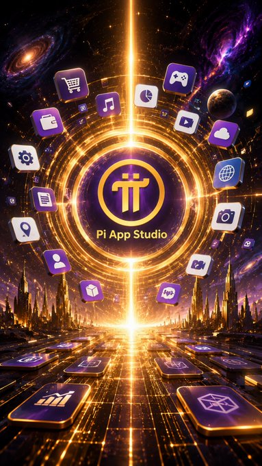 A vibrant promotional graphic for 'Pi App Studio' featuring a central logo surrounded by floating app icons (cart, phone, game controller, etc.) against a cosmic background with galaxies and a glowing golden pathway.