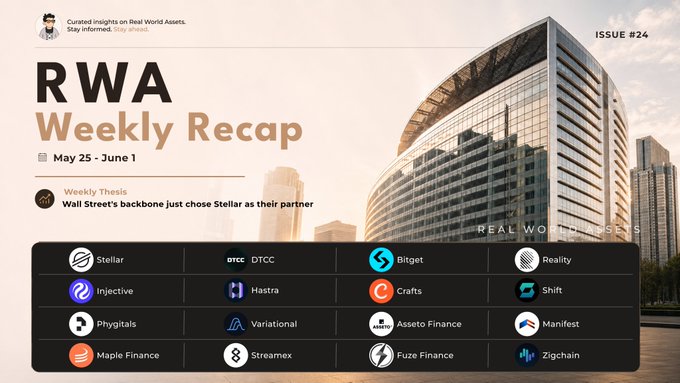 The image shows a poster with a large building behind it, along with a list of logos for various companies such as "gm RWA researchers", "DTCC custodies", and "let's dive into the details". The poster also includes a headline that reads "Weekly Recap" and a date at the top.