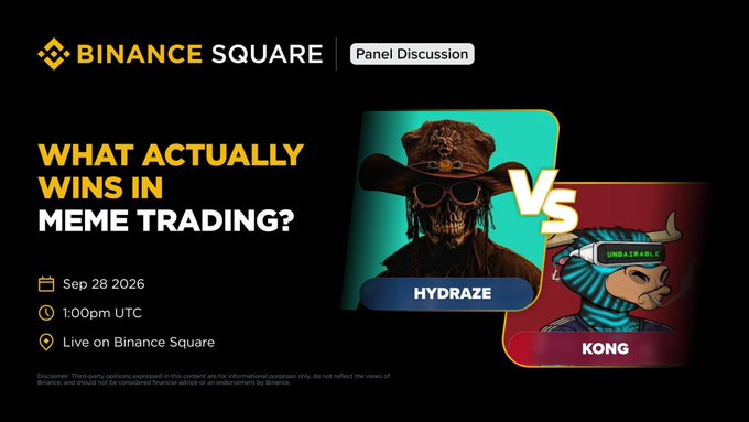 Promotional image for a Binance Square panel discussion titled "What Actually Wins in Meme Trading?" scheduled for Sep 28, 2026 at 1:00pm UTC, featuring a "VS" graphic between Hydraze (a skull-headed character) and Kong (a bull in futuristic glasses). The image ties directly to the accompanying post announcing the upcoming live discussion between Hydraze and @KongBTC.